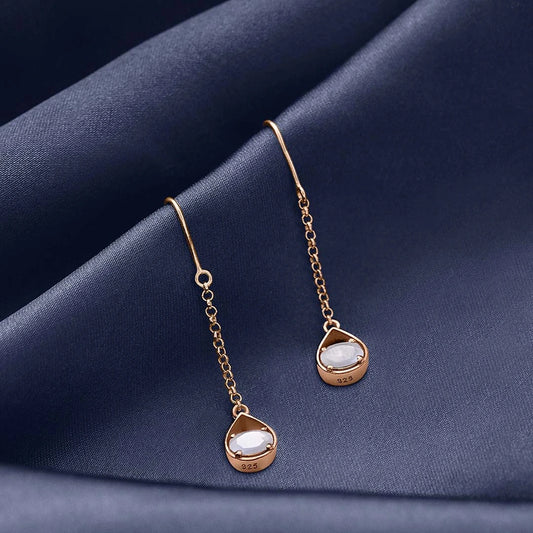Pure Silver Earrings - Rose Gold Sleek Chain With Moonstone - Tweov Jewels