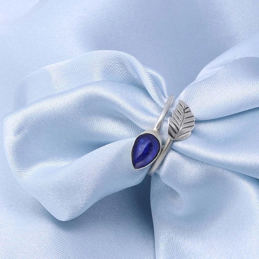 Pure Silver Ring + Blue Lapis Leafy Design - Tweov Jewels