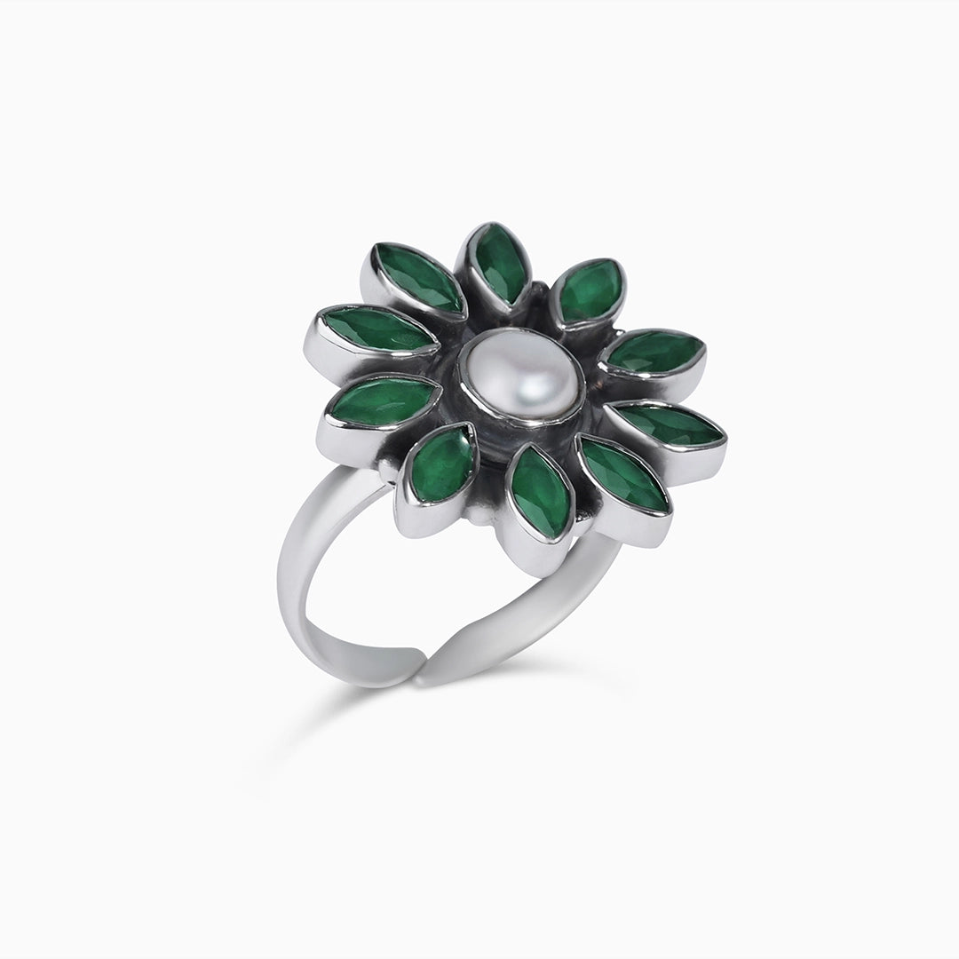 Pure Silver Ring - Floral Emerald Green Design - Tweov Jewels