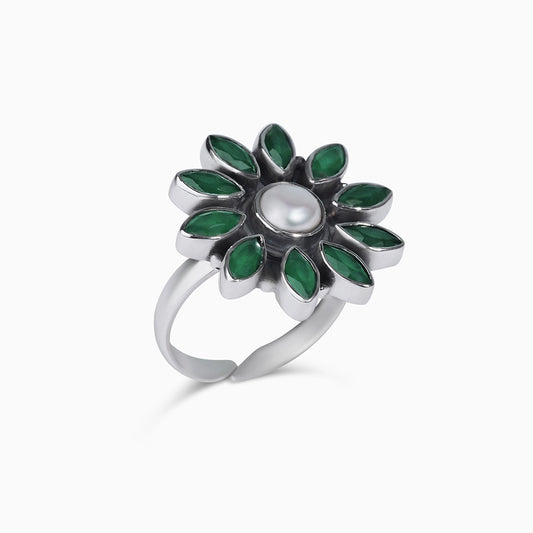 Pure Silver Ring - Floral Emerald Green Design - Tweov Jewels