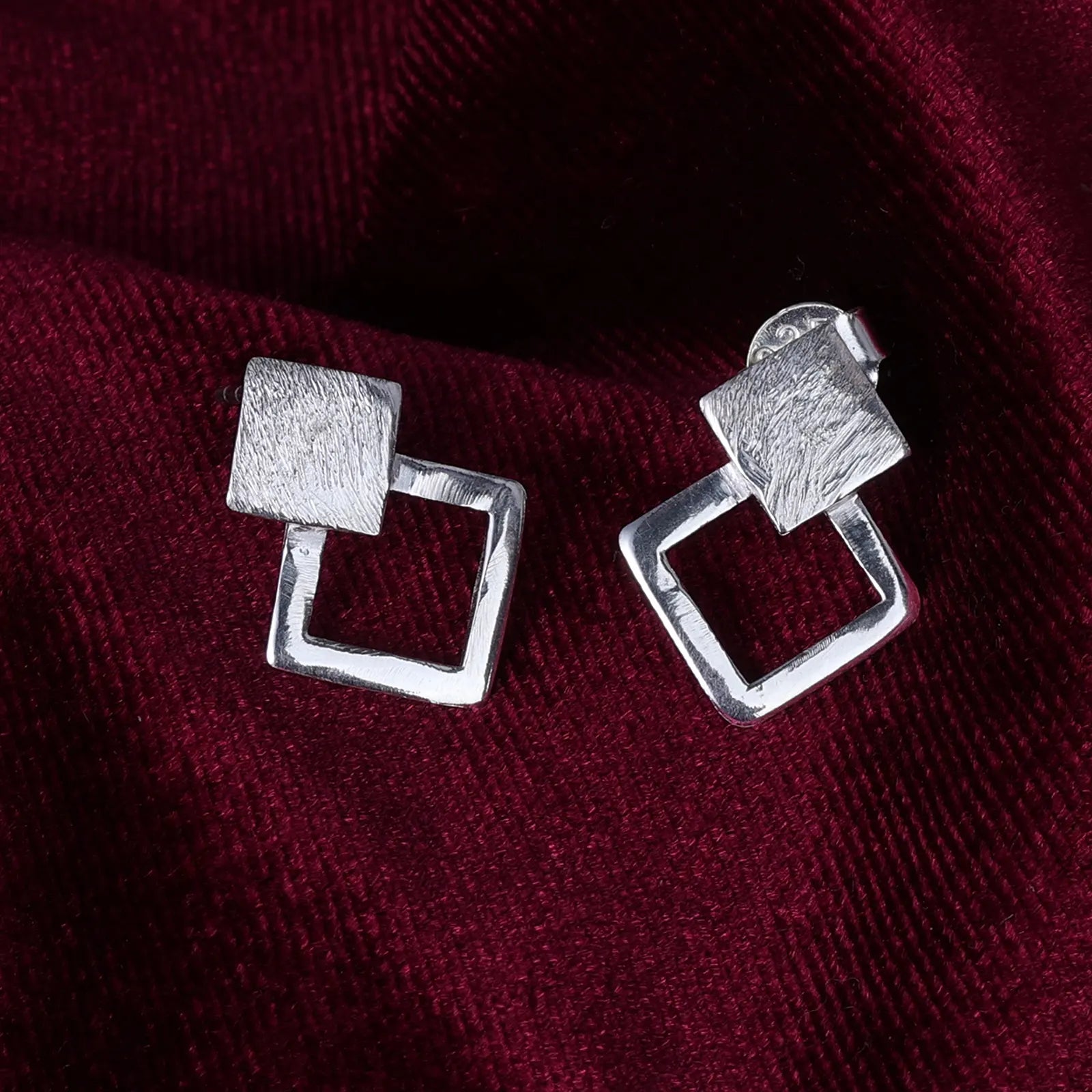 Textured Square Silver Stud Earrings