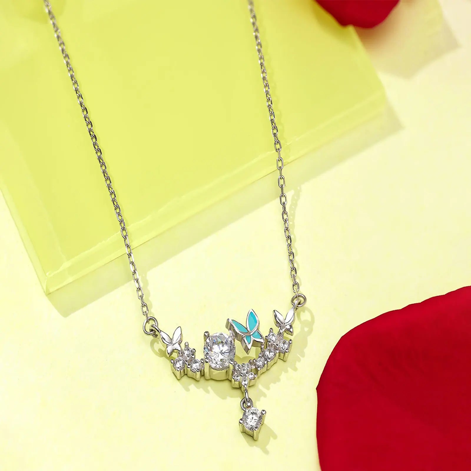 CZ Floral Butterfly Design Silver Necklace - Tweov Jewels