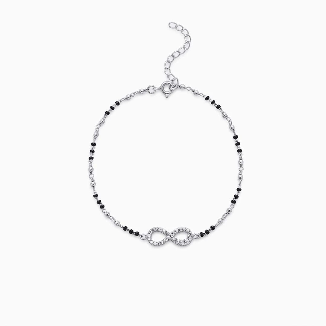 925 Sterling Silver Cz Infinity Black Bead Silver Anklet - Tweov Jewels