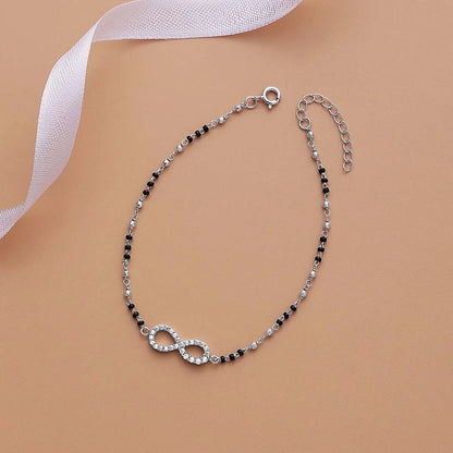 925 Sterling Silver Cz Infinity Black Bead Silver Anklet - Tweov Jewels