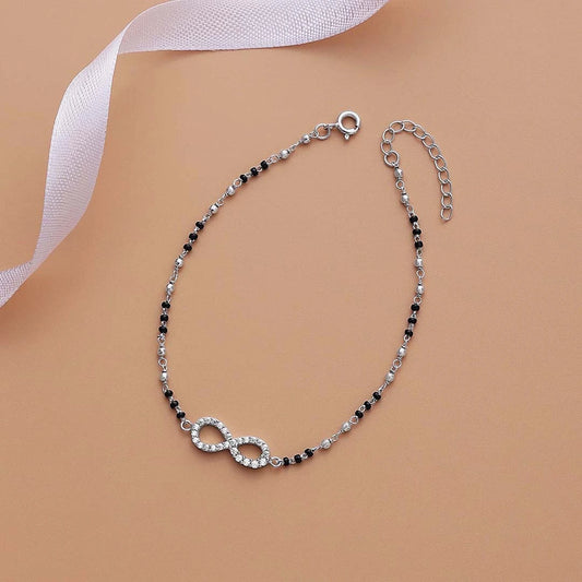925 Sterling Silver Cz Infinity Black Bead Silver Anklet - Tweov Jewels