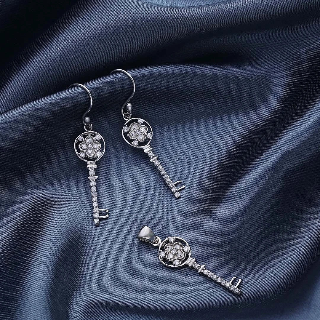Pure Silver Jewellery Sets - Cubic Zirconia Key Earrings With Pendant Set - Tweov Jewels