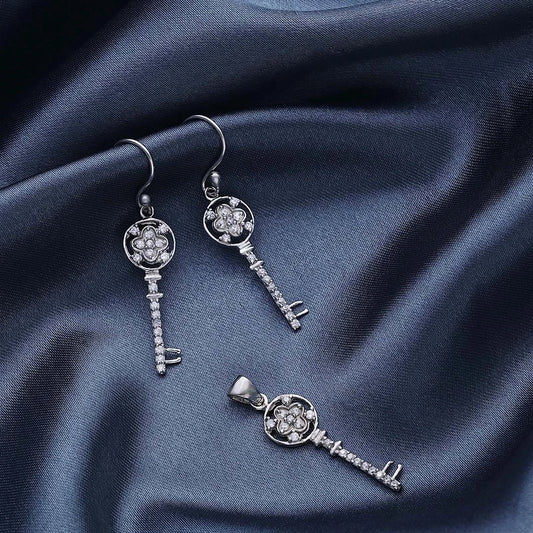Pure Silver Jewellery Sets - Cubic Zirconia Key Earrings With Pendant Set - Tweov Jewels