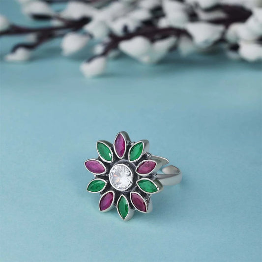 Pure Silver Ring - Moissanite & Ruby Stoned Blossom - Tweov Jewels