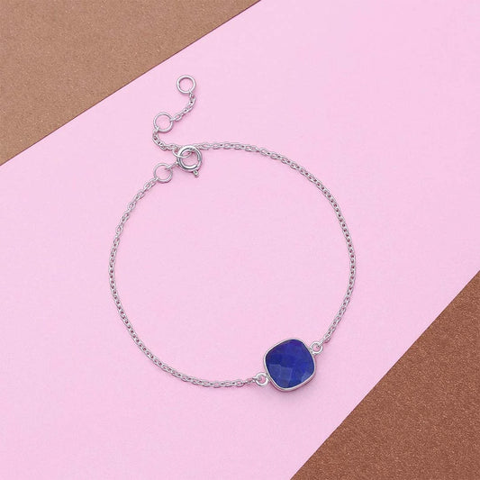 Pure 925 Sterling Silver Square Blue Stone Studded Chain Bracelet - Tweov Jewels