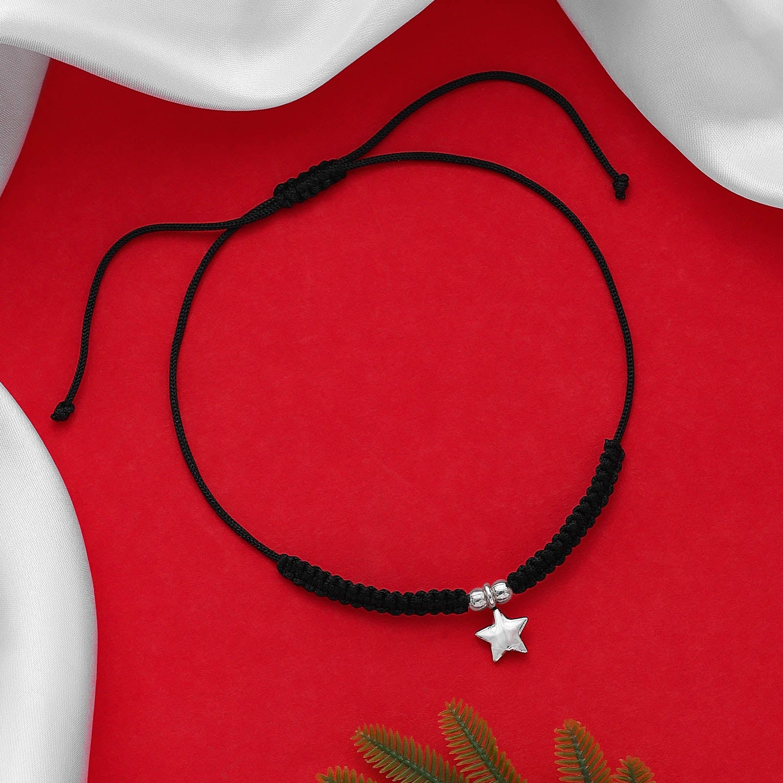 Pure 925 Silver Black Thread Shiny Star Anklet - Tweov Jewels