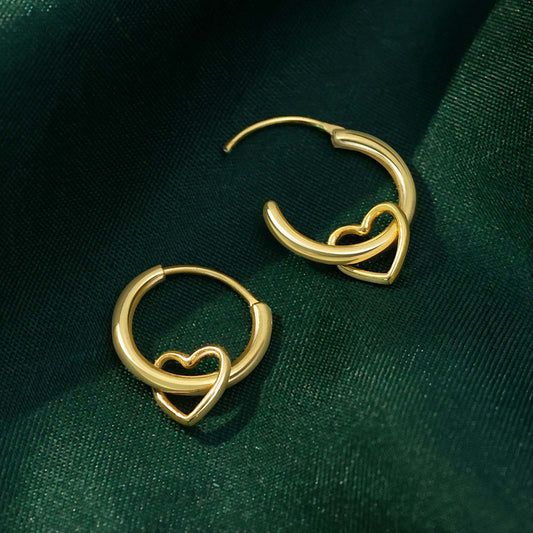 Pure 925 Silver Gold Plated Earrings - Heart-in Loop Ring Model - Tweov Jewels