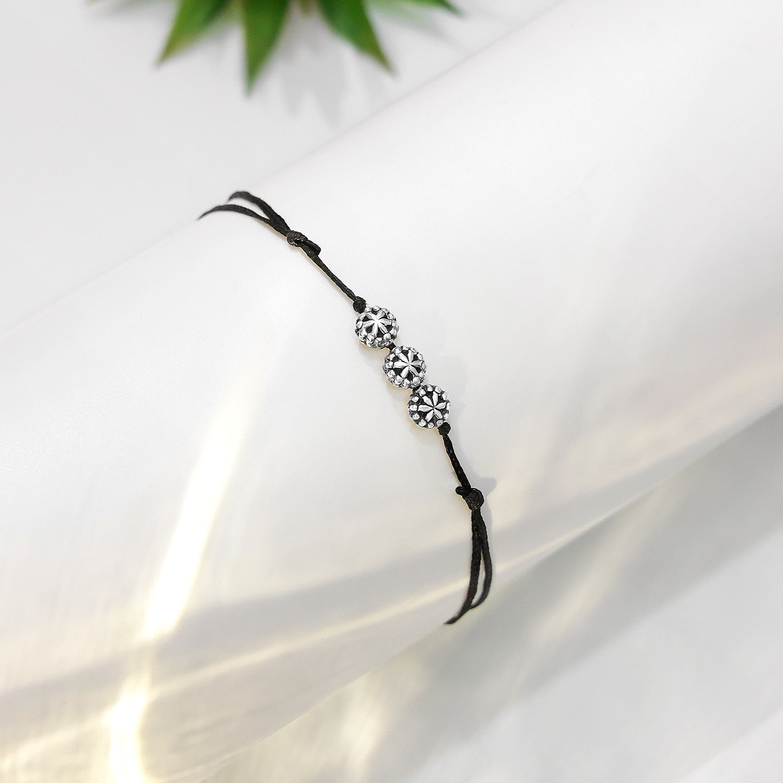 925 Sterling Silver Triple Flower Black Thread Anklet - Tweov Jewels