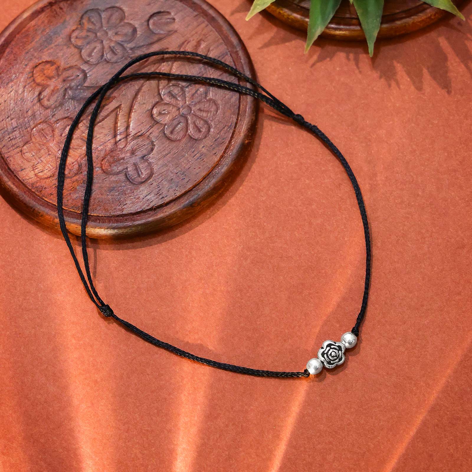 Black Thread Anklet with Pure Silver Floral Beads - Tweov Jewels