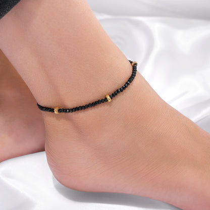925 Sterling Silver Golden Touch with Black Beads Silver Anklet - Tweov Jewels