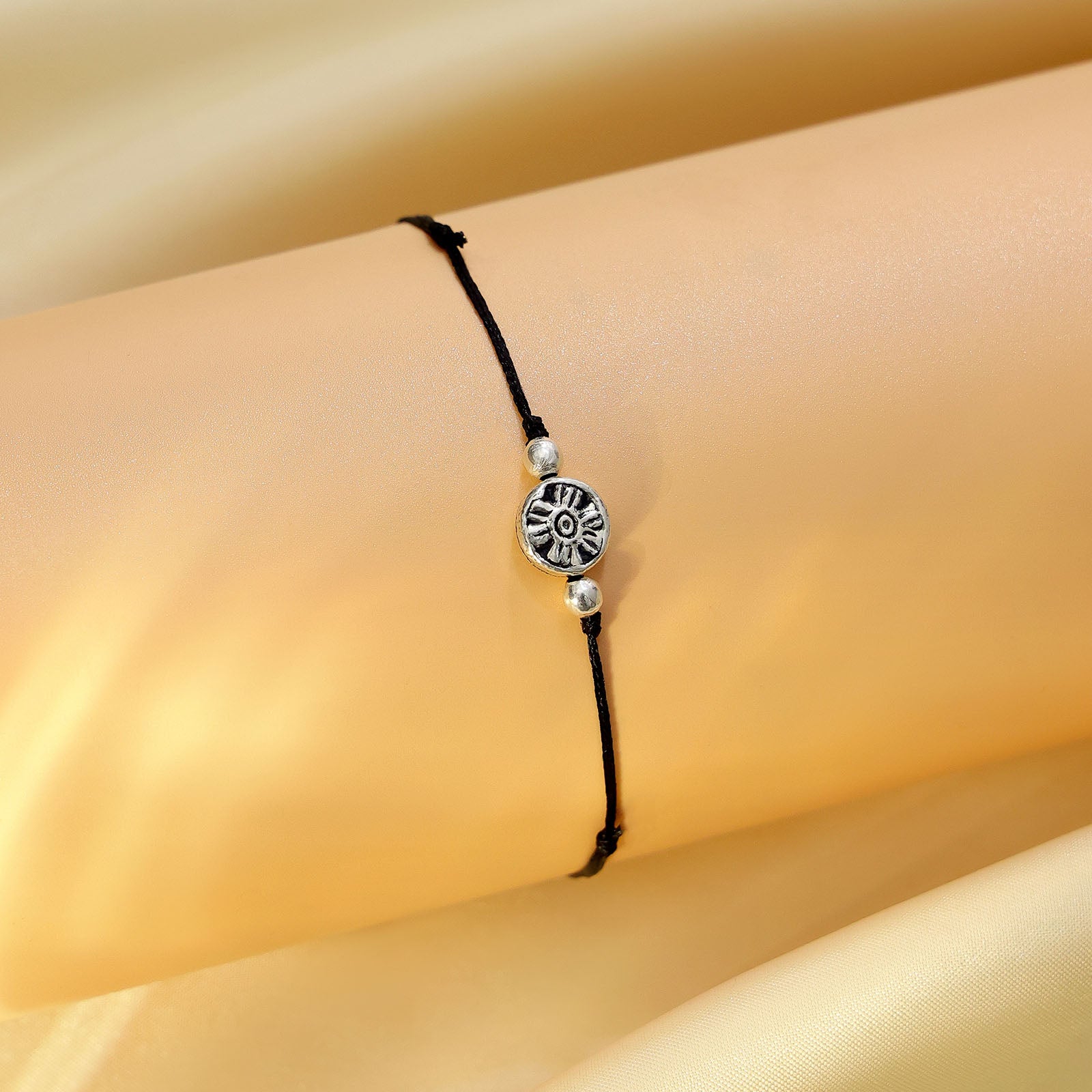 925 Sterling Silver Tribal Motif Black Thread Anklet - Tweov Jewels