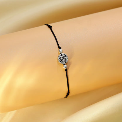 925 Sterling Silver Tribal Motif Black Thread Anklet - Tweov Jewels