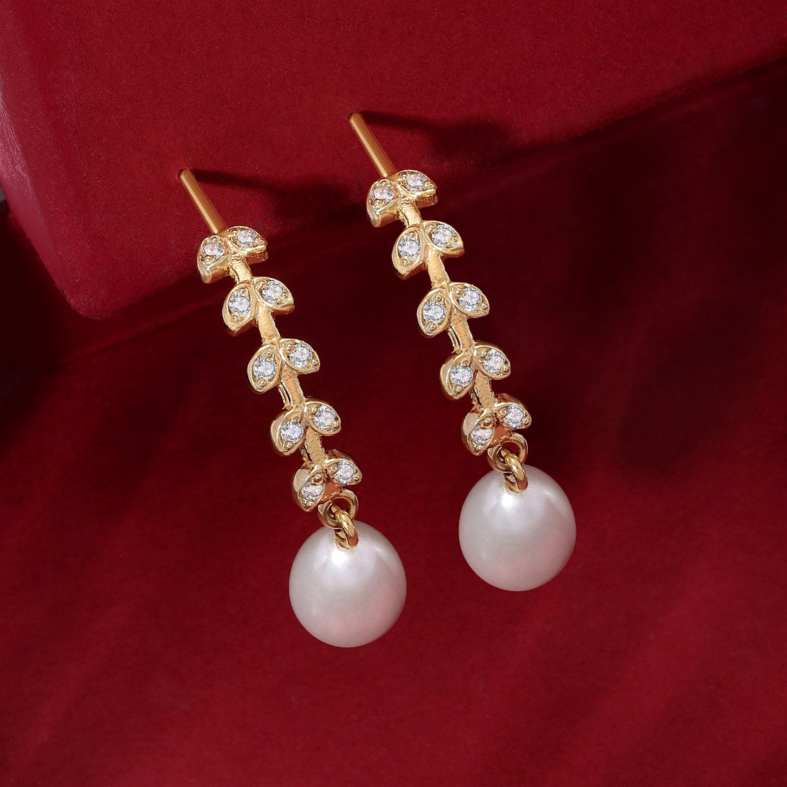 Pure Silver Earring - Gold Plated Leafy Design With Pearls - Tweov Jewels