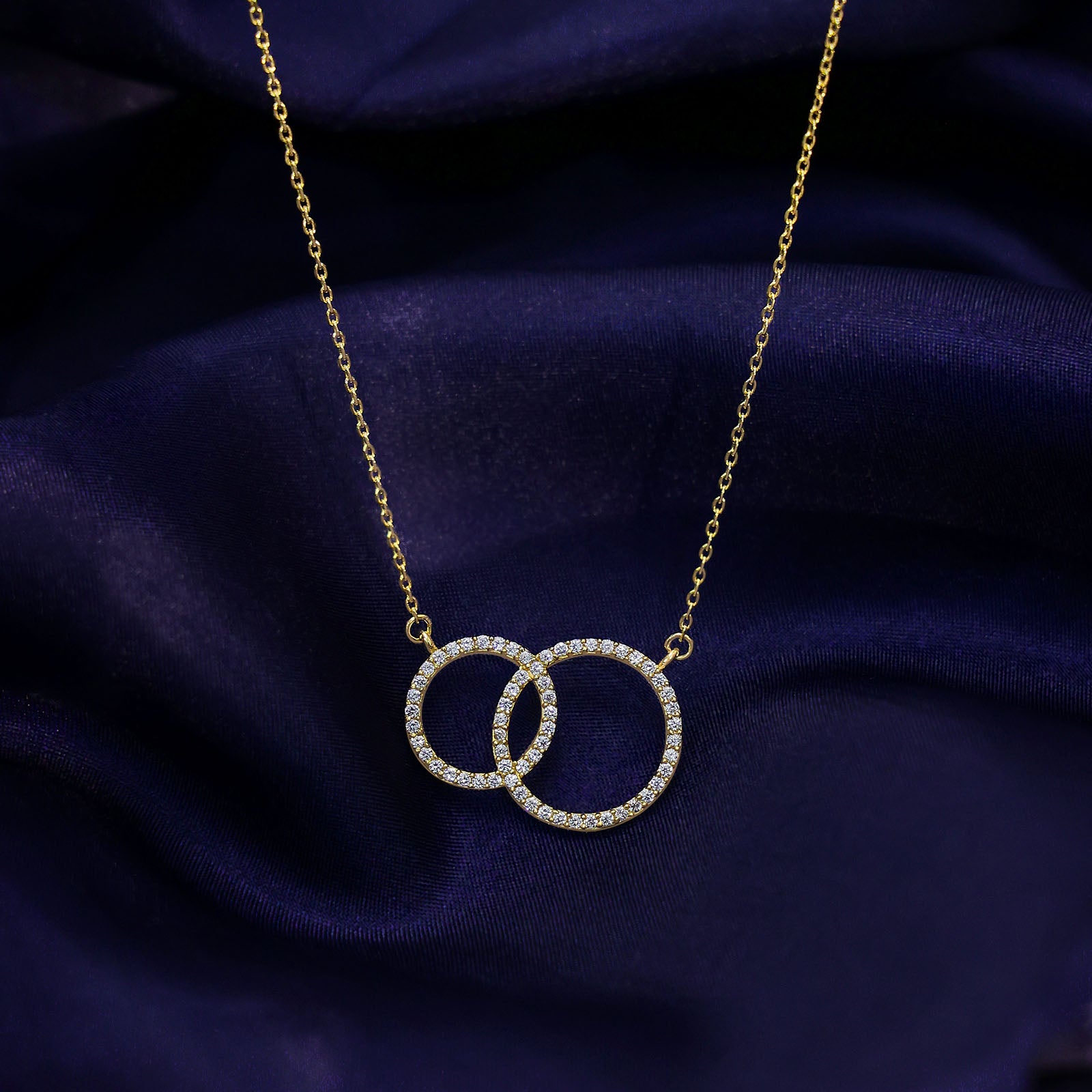 Sparkling Pure Silver Necklace: Double Ring Design & CZ Stones