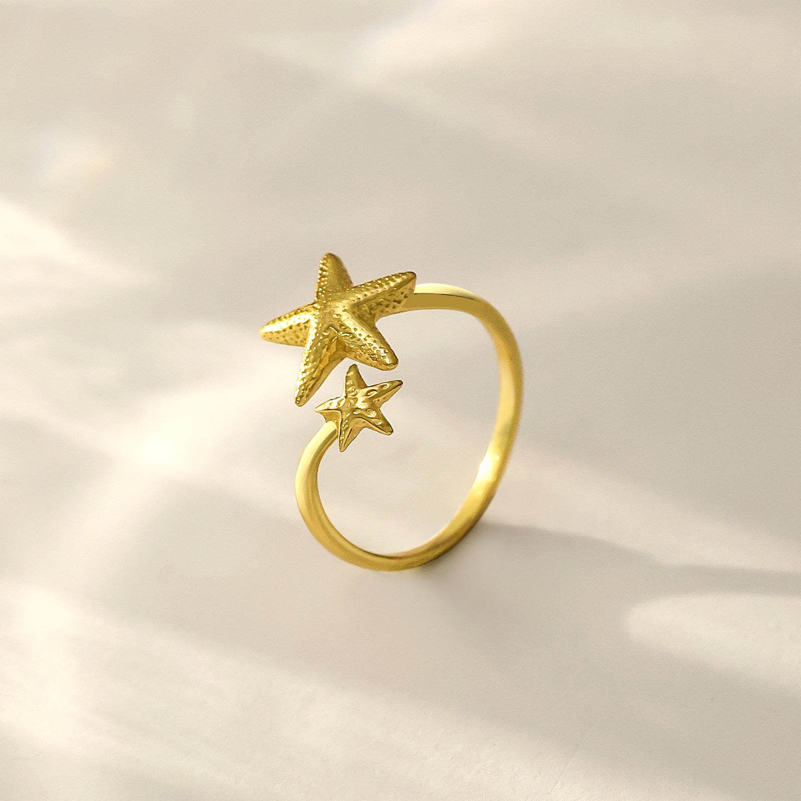 Gold Plated Textured Double Star Silver Ring