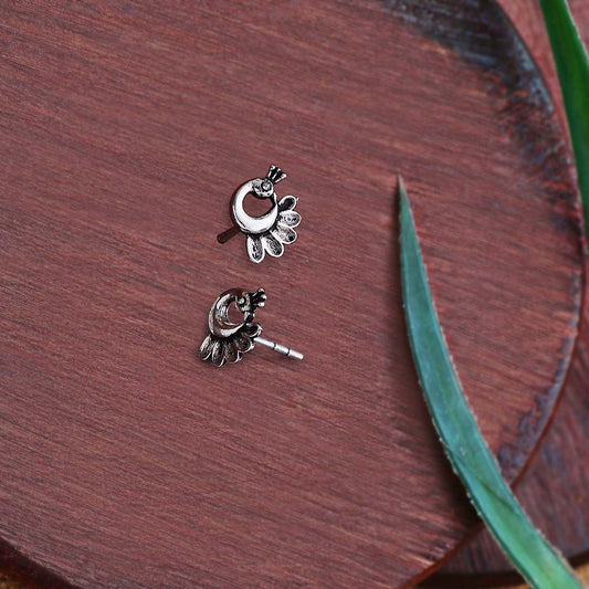 Pure Silver Stud Earrings - Oxidised Peacock Model - Tweov Jewels