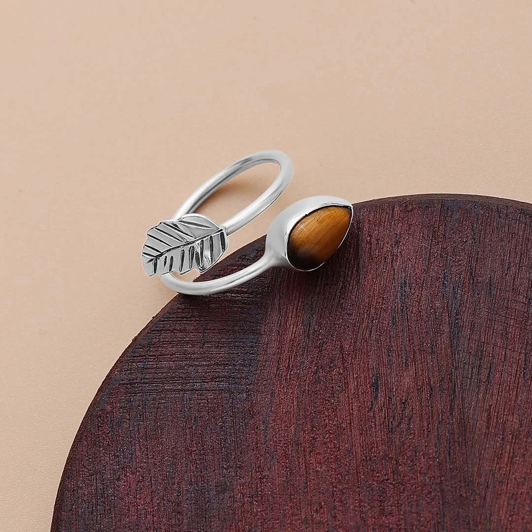 Pure Silver Ring - Leafy Design With Tiger-Eye Stone - Tweov Jewels