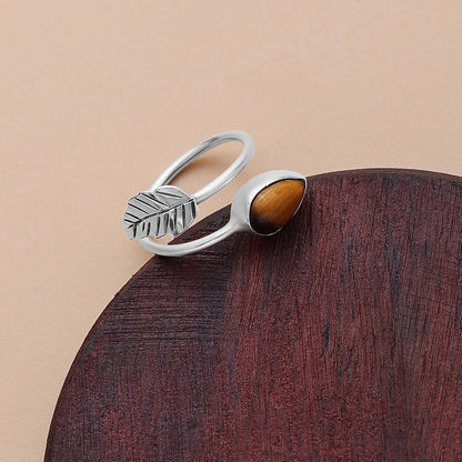 Pure Silver Ring - Leafy Design With Tiger-Eye Stone - Tweov Jewels
