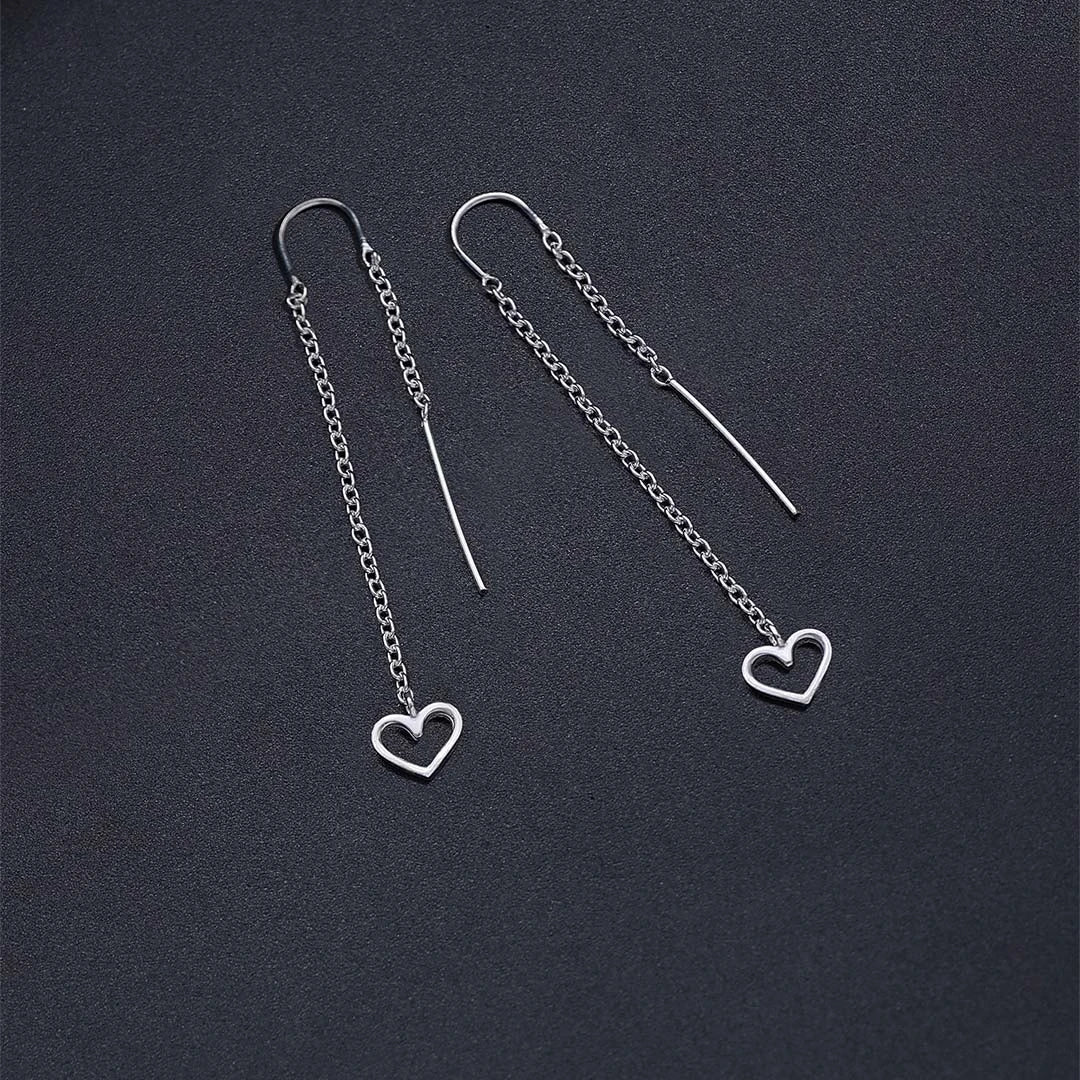 Pure Silver Earrings - Long Chain-Hearted Design - Tweov Jewels