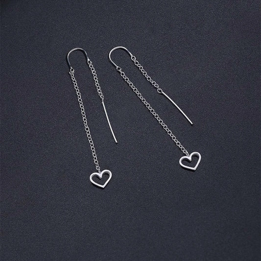 Pure Silver Earrings - Long Chain-Hearted Design - Tweov Jewels