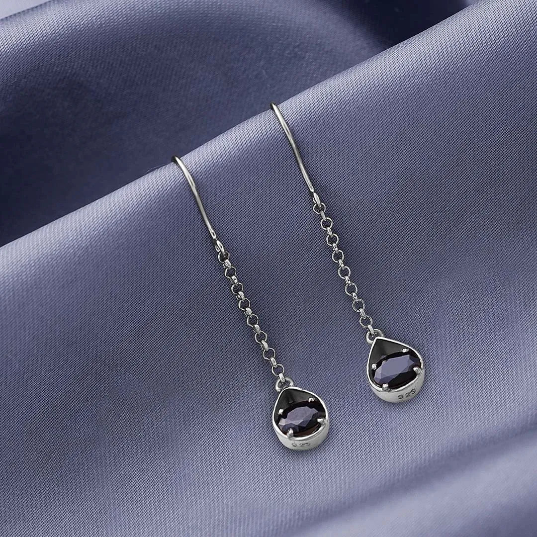 Pure Silver Earrings - Twinkling Chain Model With Onyx Stone - Tweov Jewels