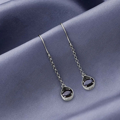 Pure Silver Earrings - Twinkling Chain Model With Onyx Stone - Tweov Jewels