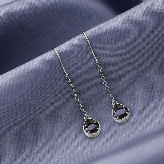 Pure Silver Earrings - Twinkling Chain Model With Onyx Stone - Tweov Jewels