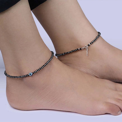 925 Sterling Silver Evil Eye Protection Black Beads Anklet - Tweov Jewels