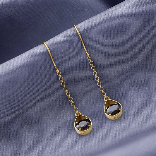 Pure Silver Earrings - Gold Plated Onyx Drop Danglers - Tweov Jewels
