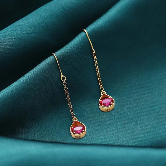 Pure Silver Earrings - Ruby Long Drop With Gold Finish - Tweov Jewels