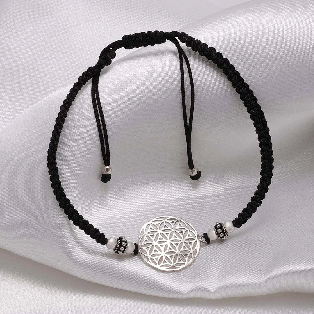 925 Sterling Silver Boho Mandala Black Thread Anklet - Tweov Jewels
