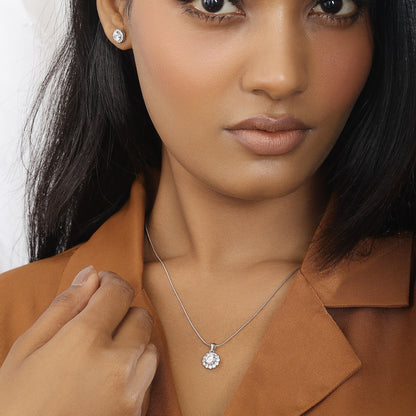Round Floral Design Silver Pendant & Earrings Set - Tweov Jewels