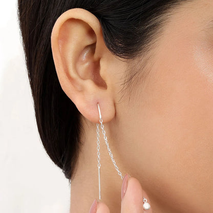 Threaded Long Chain Silver Earrings - Tweov Jewels
