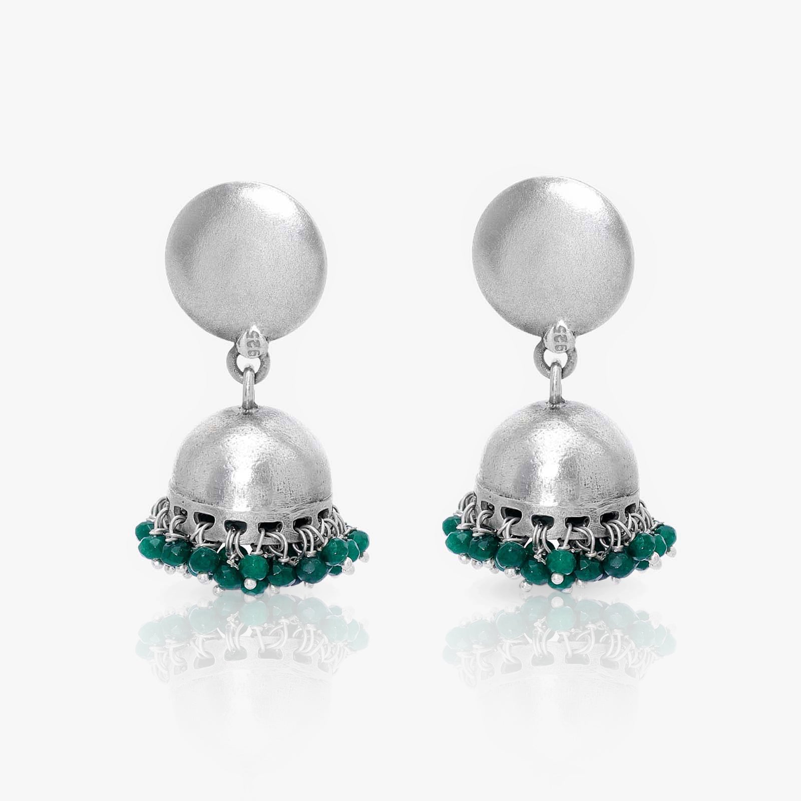 Green Beads Silver Jhumka Earrings - Tweov Jewels