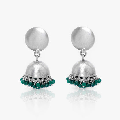 Green Beads Silver Jhumka Earrings - Tweov Jewels