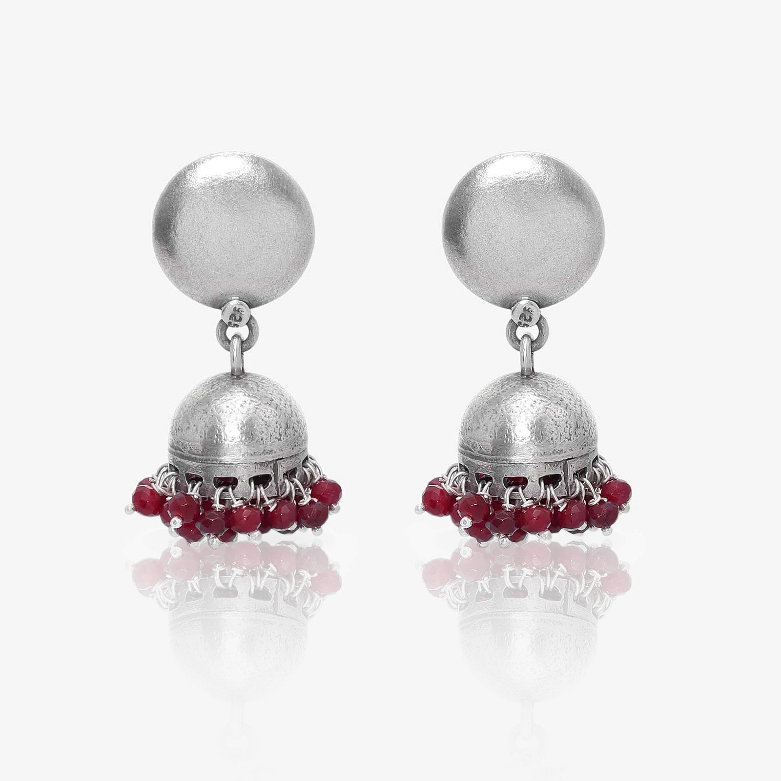 Traditional Red Beads Silver Jhumka Earrings