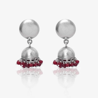 Traditional Red Beads Silver Jhumka Earrings