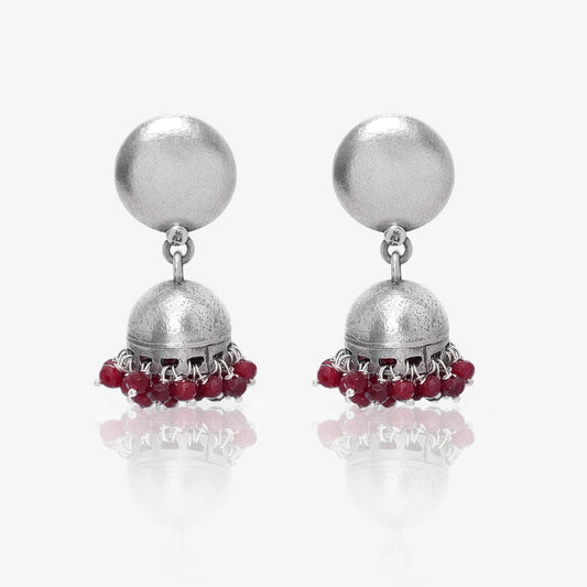 Traditional Red Beads Silver Jhumka Earrings