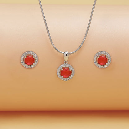 Round Shape Pink Stone Studded Silver Pendant & Earrings Set