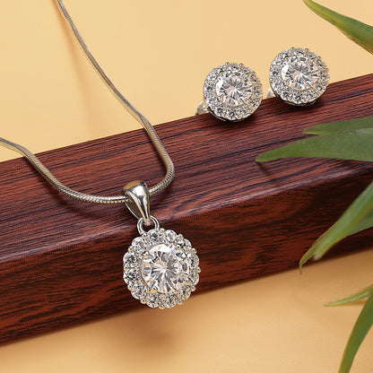 Round Floral Design Silver Pendant & Earrings Set