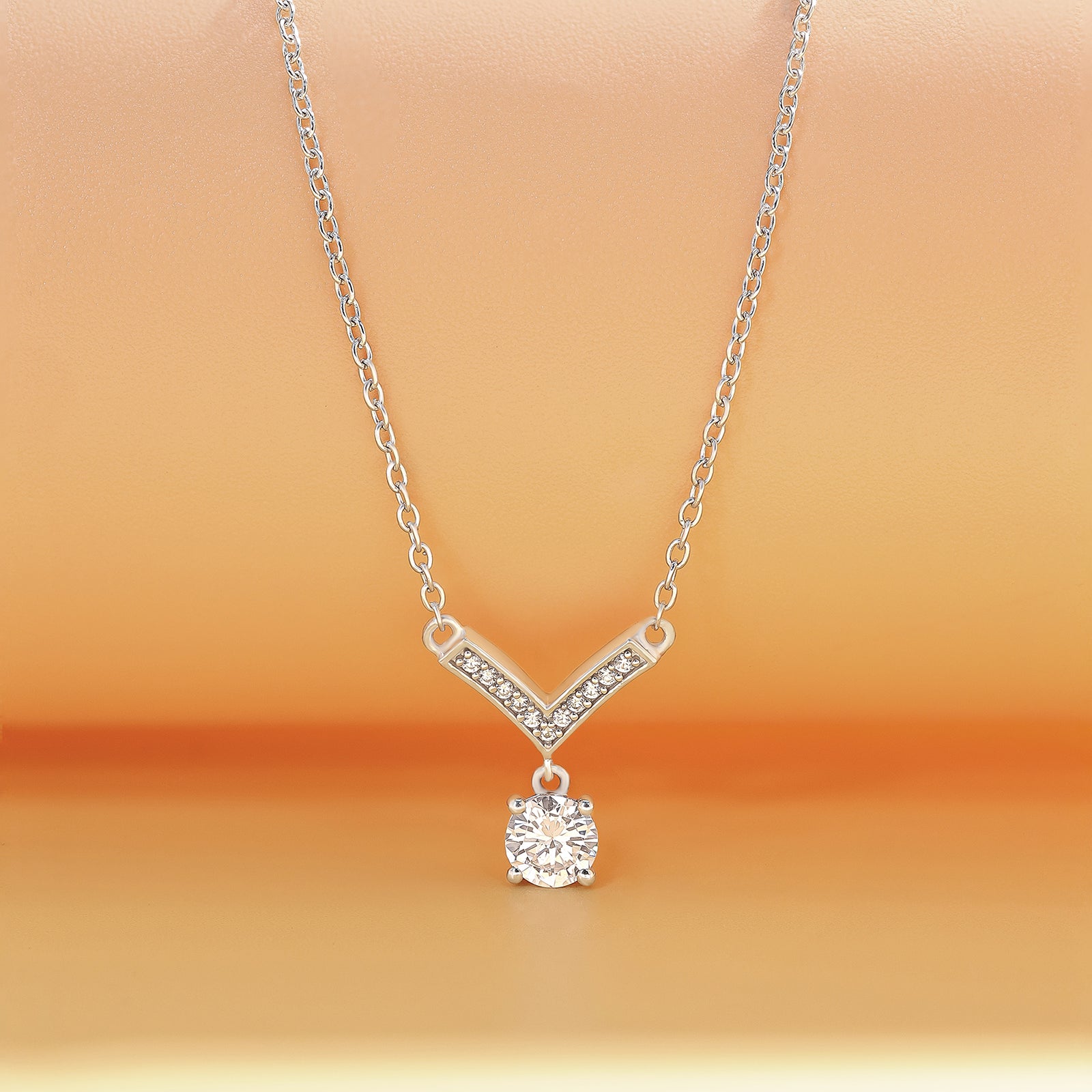 CZ Studded V-Shaped Silver Necklace