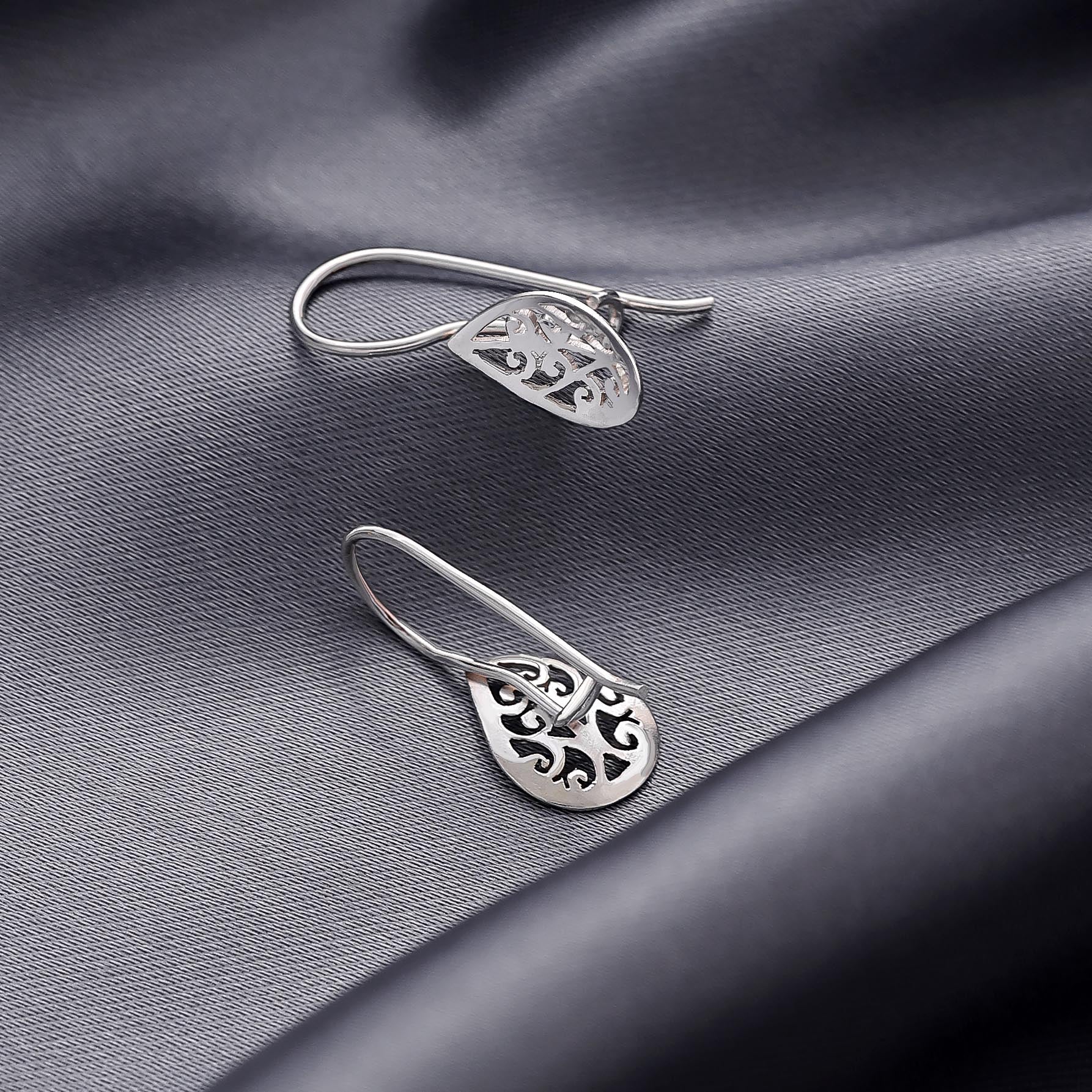 Silver Carved Floral Drop Earrings - Tweov Jewels