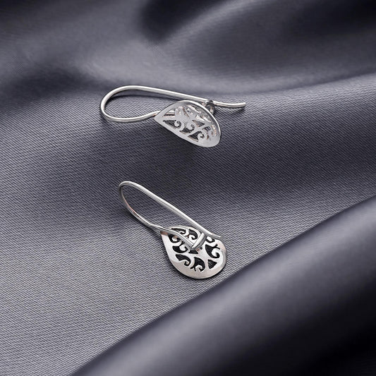 Silver Carved Floral Drop Earrings - Tweov Jewels