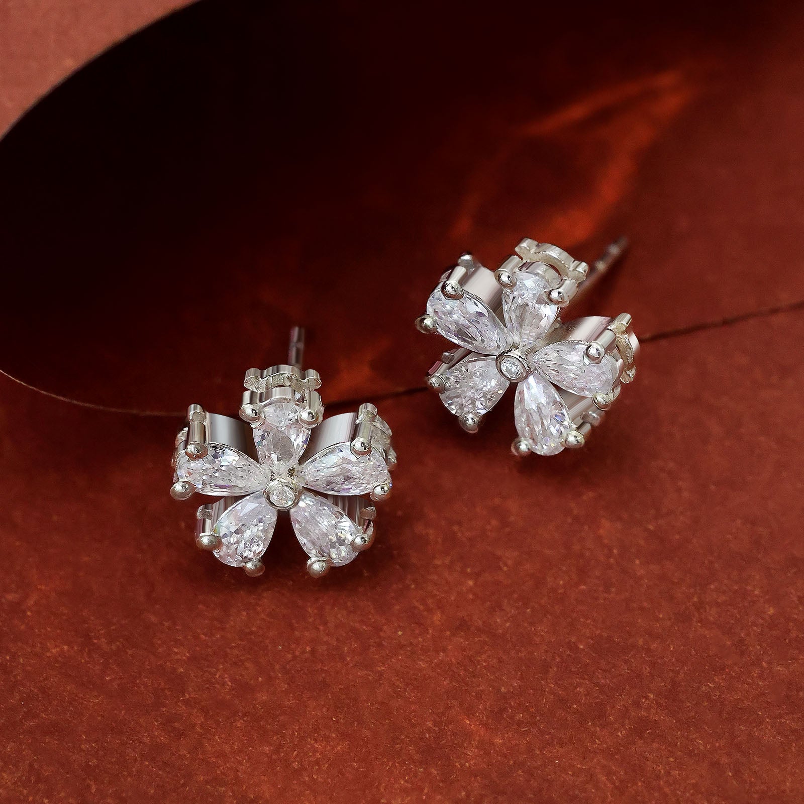 Pure Silver Earrings - Five-Petal CZ Floral Stud - Tweov Jewels