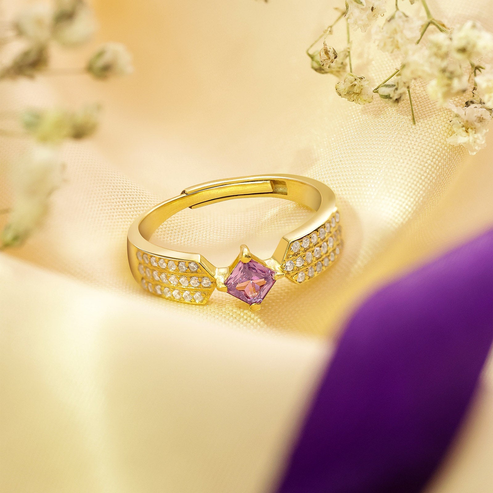 Pure Silver Ring - CZ Elegance With Purple Stone Charm - Tweov Jewels