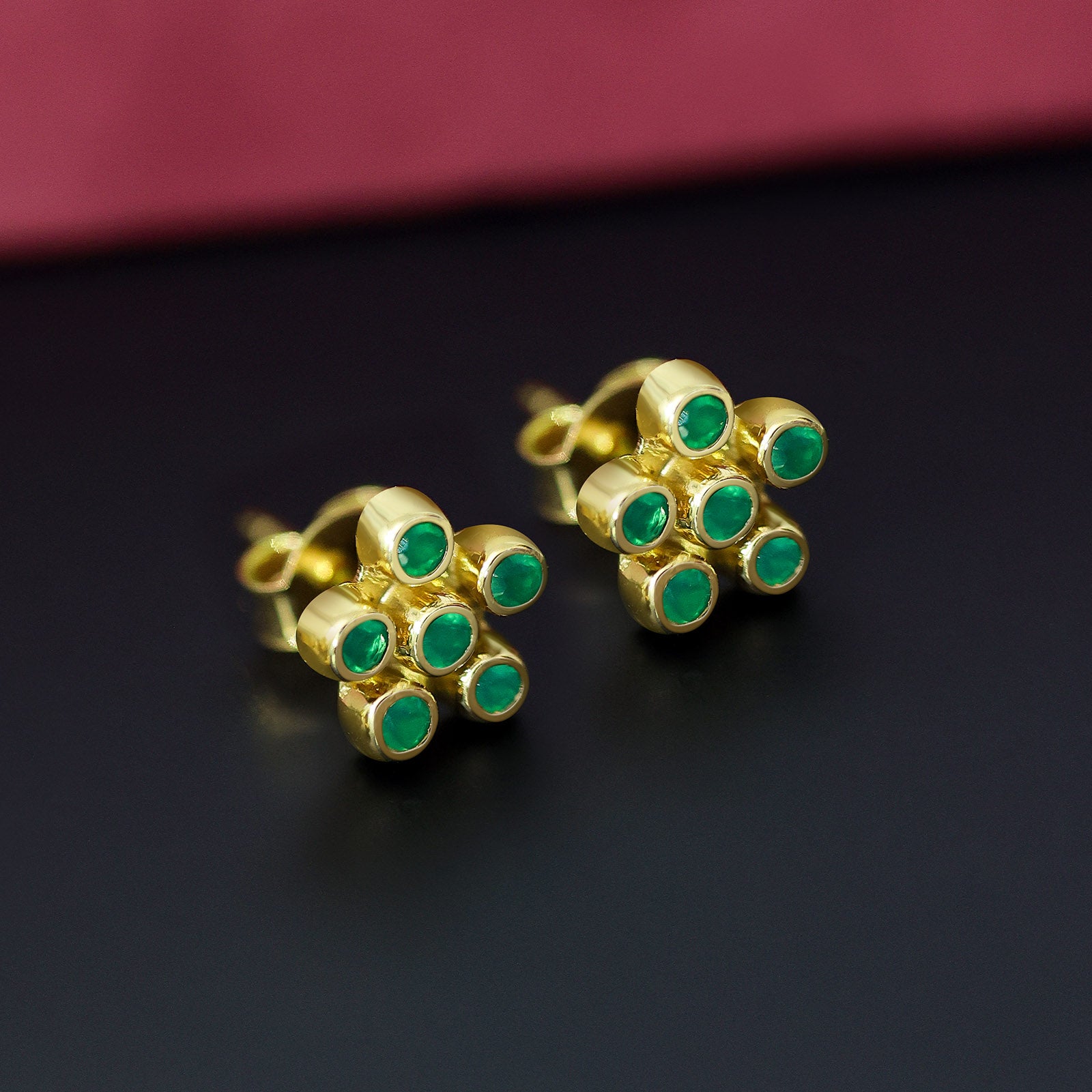 Gold-Plated Floral Design Green Stone Silver Stud Earring - Tweov Jewels